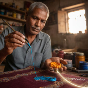 Artisan Stylus Technique: "Artisan using a metallic stylus to stretch colored castor oil paste into delicate threads on fabric, showcasing the unique Rogan painting technique.