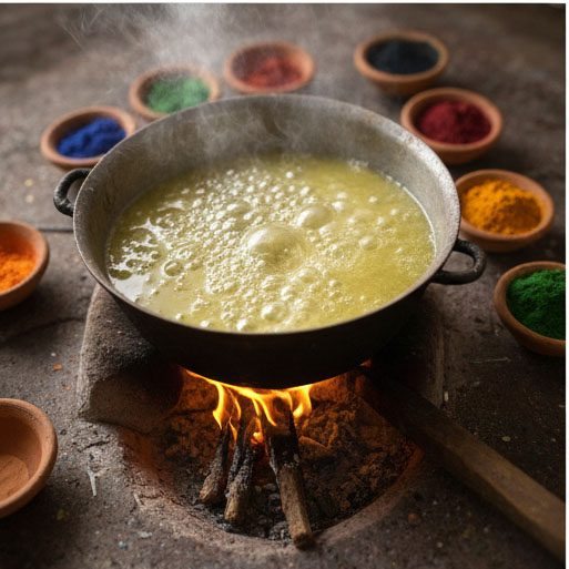 The Boiling Process: "Close-up of castor oil boiling into a thick, translucent Rogan paste, illustrating the scientific drying oil method used in Kutch.
