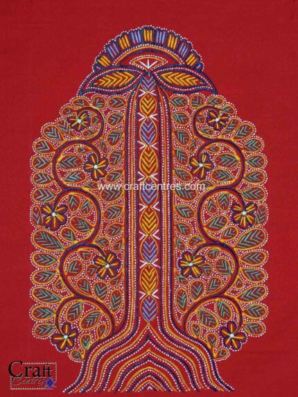 Mandala Rogan art painting on red cotton 7x11 inch