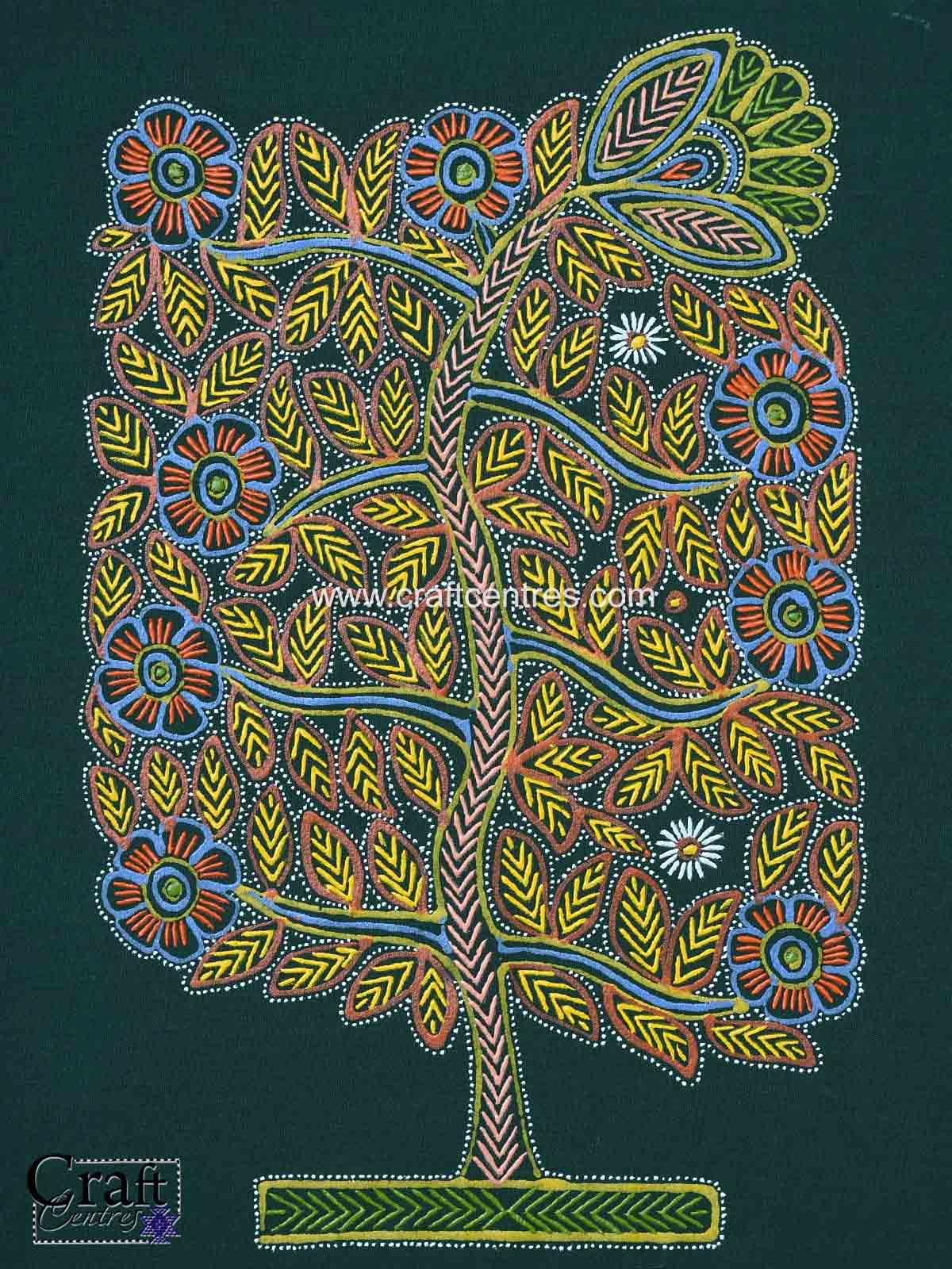 Floral Rogan art painting 7x11 inch black cotton wall piece